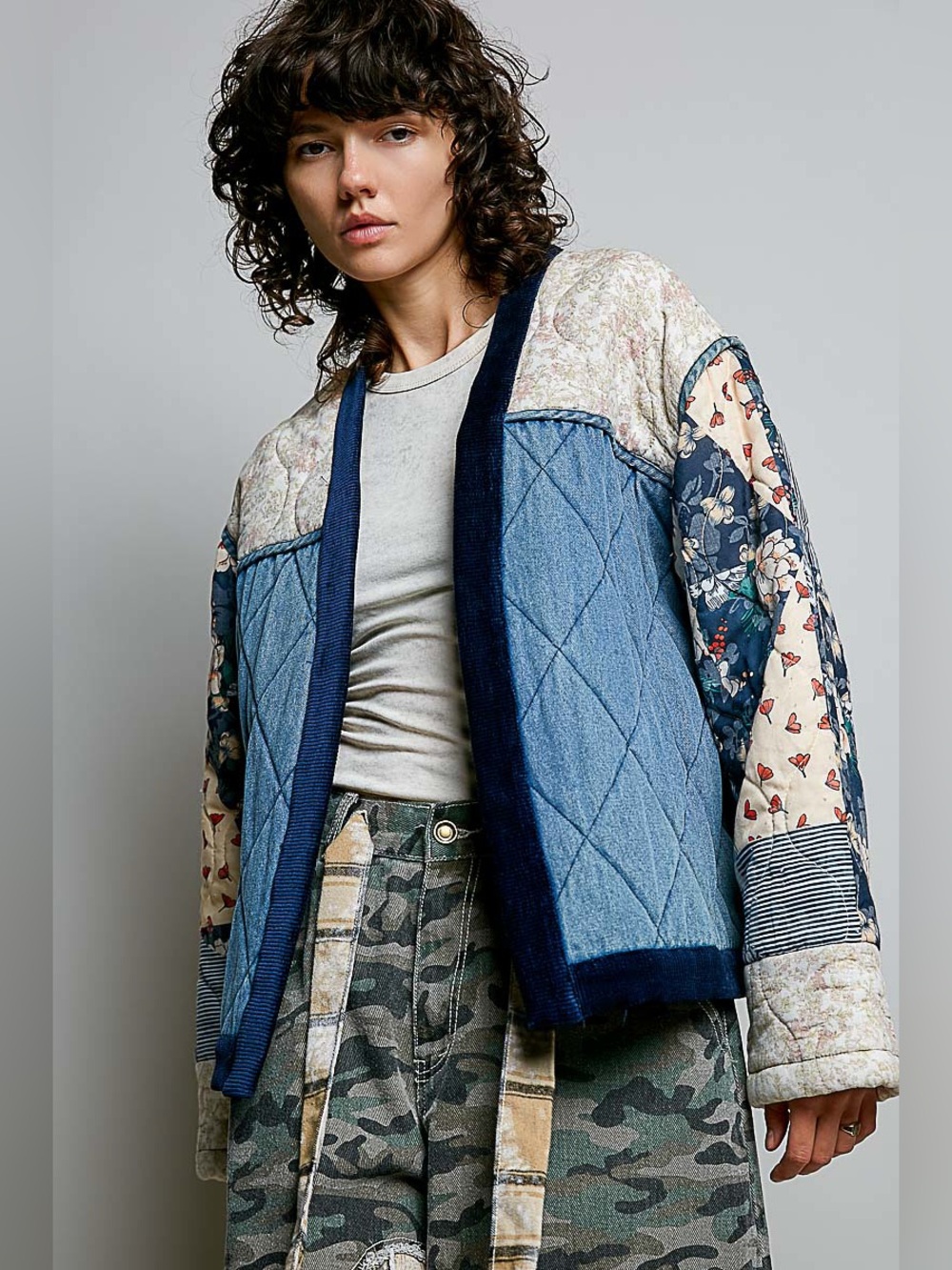 New🔥POL Quilted Patchwork Denim & Floral Jacket